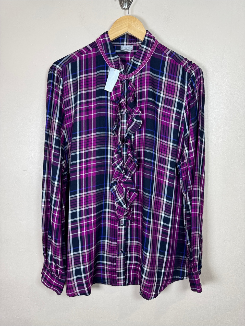 NWT Chico's Plaid Ruffle-Front Button Down Shirt Velvet Trim 16/18 Plus Size